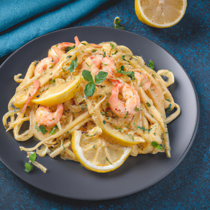 Spicy garlic butter pasta with lemon, herbs with chicken and shrimp